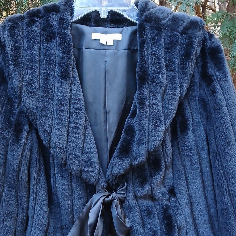 I. C. E. Black faux fur beautiful dinner jacket Sz L, mob wife old money - Picture 2 of 12